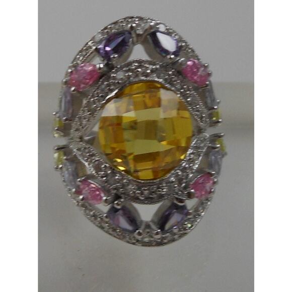 Vintage 1990's CZ Cocktail Statement Ring Simulated Canary Diamond Pink Sapphire - Picture 3 of 9